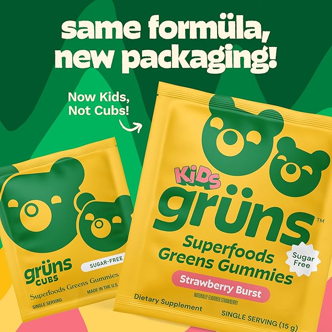 Gruns Multivitamin for Kids Sugar-Free Super Greens Superfood Gummy Bears with 20 Vitamins &amp Minerals Alfalfa Spirulina Chlorella Prebiotics Fiber for Digestive Health Adaptogens 28 ct