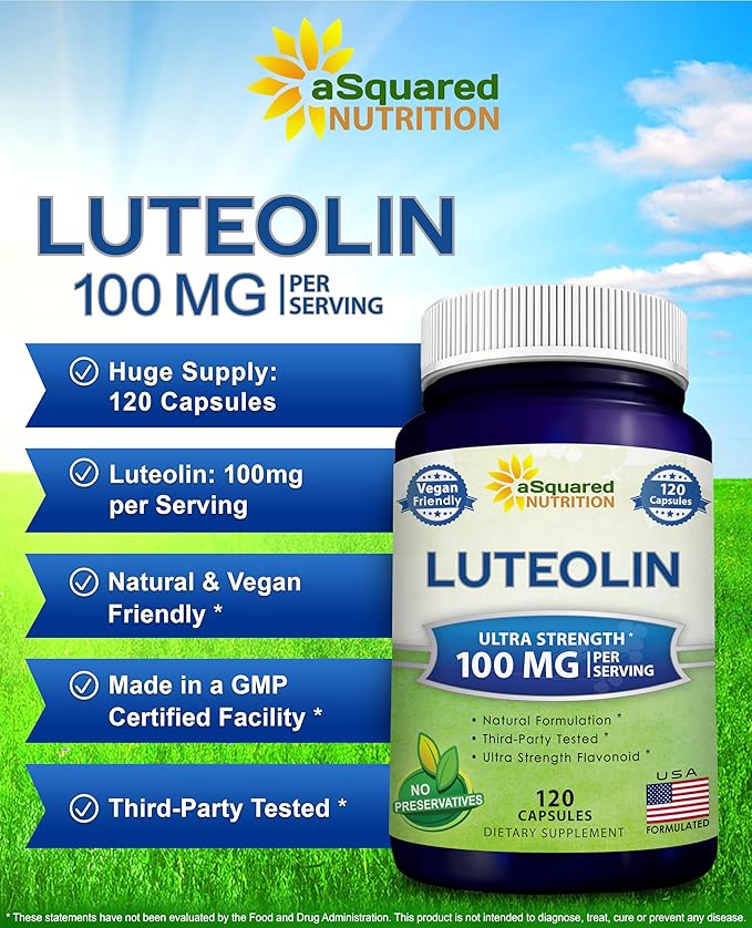 Luteolin 100mg - 120 Capsules - Luteolin Supplement &amp Powder Complex Pills Commonly Taken with Quercetin - Supports Brain &amp Memory Health