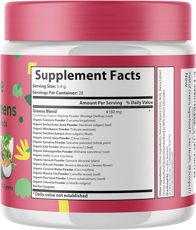 Field of Greens - Greens Powder Organic Daily Super Greens Powder Drink with Moringa Spirulina Wheat Grass Barley Grass Lemon Beet Root for Daily Nutrition - 28 Scoops (Mixed Berry Flavor)