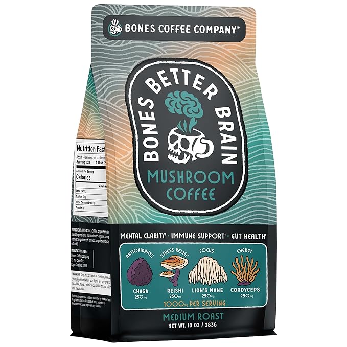 Bones Coffee Company Better Brain Mushroom Coffee Medium Roast &amp Dark Roast – Functional Coffee with Lion’s Mane &amp Chaga | Focus Energy &amp Clarity | Ground Coffee 2-Pack Virtual Bundle
