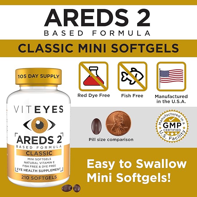 Viteyes AREDS 2 Classic Macular Health Formula Softgels Eye Health Vitamin to Support a Healthy Macula Lower Zinc Eye Vitamins Macular Vitamins Beta-Carotene Free 210 Softgels…