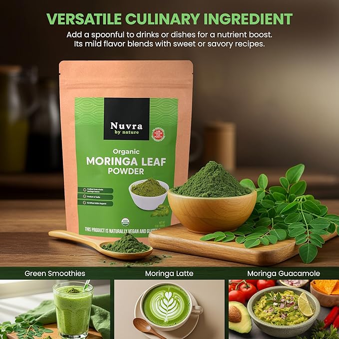 Nuvra by Nature Organic Moringa Leaf Powder – 2 lb | 100% Pure &amp Natural Superfood for Smoothies Tea &amp Lattes | Certified USDA Organic