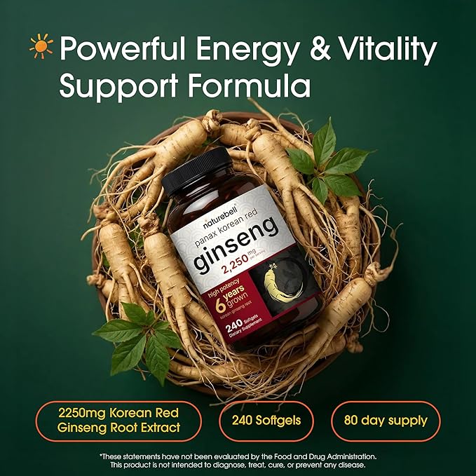 NatureBell Panax Korean Red Ginseng - 240 Softgels - 2250mg High Strength Herbal Vitality Support* - Standardized 10% Ginsenosides from Six-Year-Old Ginseng Root - Energy &amp Immune Support*