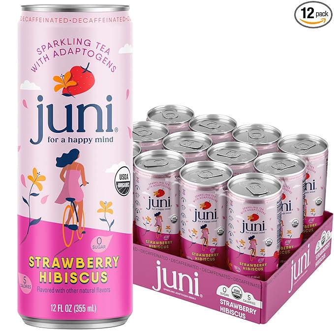 Juni Sparkling Adaptogen Drink with Ashwagandha Lion’s Mane &amp Reishi Mushrooms | Green Tea for Focus Zero Sugar 5 Calories | Decaffeinated Non Alcoholic Drinks - Strawberry Hibiscus 12 pack