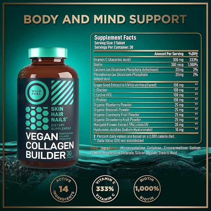 Vegan Collagen Booster Tablets - Cruelty-Free Vegan Collagen Supplements - Biotin Organic Superfood Plant Based Collagen Vitamins for Skin Hair Nails - 2-Pack 60 Vegeterian Collagen Boost Pills