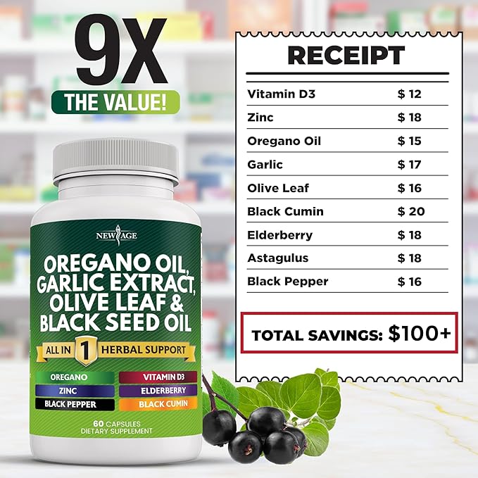 NEW AGE Oregano Oil Garlic Extract Olive Leaf with Astragalus - Supplement for Women and Men - 60 Count