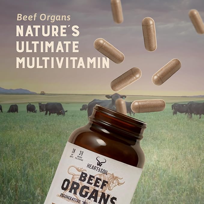 HEART &amp SOIL – 100% Grass Fed &amp Finished Beef Organs from Regenerative Cattle with Liver Heart Kidney Pancreas &amp Spleen – 3000mg Beef Organ Supplement for Women &amp Men – Glass Bottle