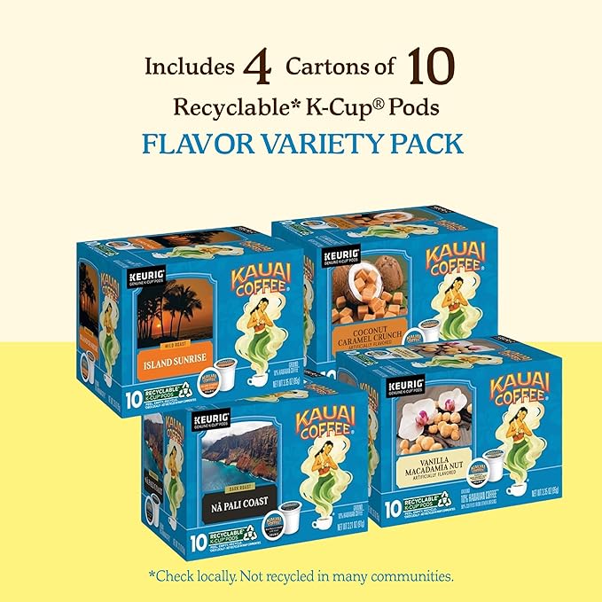 Kauai Coffee K-Cup Pods for Keurig Brewers – Arabica Coffee 10% Hawaiian – Mild Medium and Dark Roast Rich Smooth No Bitterness – Four Flavors 4 Packs of 10 Single Serve K-Cups