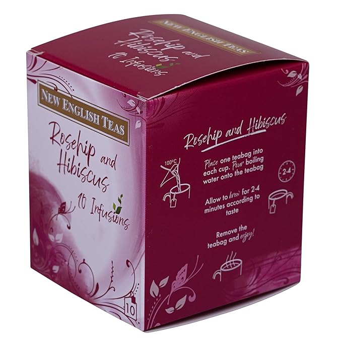 New English Teas Fruit &amp Herbal Tea 120 Teabags 12 Packs of 10 Individually Wrapped Tea Bags Naturally Caffeine Free (Rosehip &amp Hibiscus)