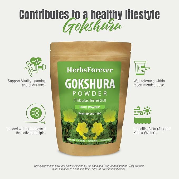 HerbsForever Gokshura(Tribulus Terrestris) Powder Fruit -for Vitality Urinary Health Muscle Mass- Wild Harvested -Non GMO Vegan- 2X Potency | Ultra Clean |NO Sand &amp Mud| Steam Sterilized|16oz-1L
