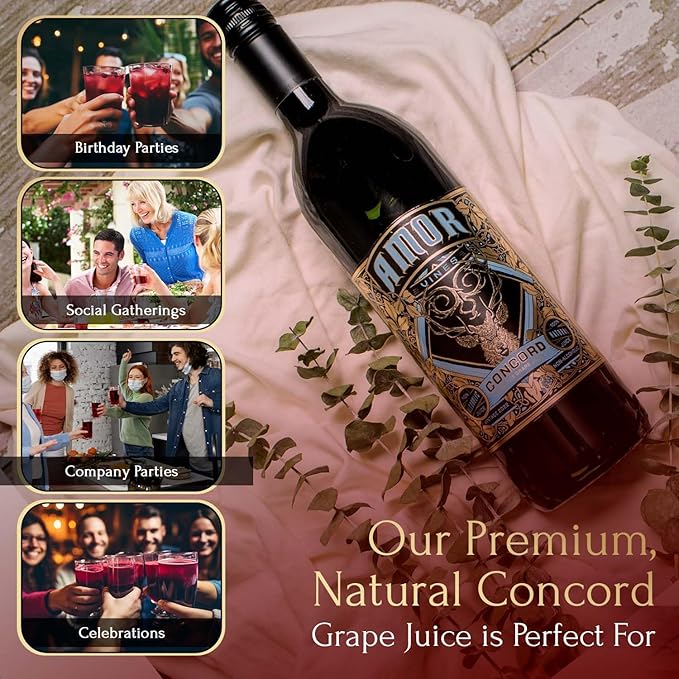 Amor Vines: Rosé &amp Unfiltered Concord Grape Juices - 100% Pure Non-Alcoholic No Water Added Preservative-Free – 750ml Glass Bottles (Pack of 2)