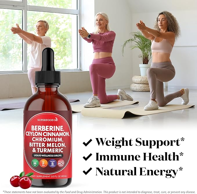 Berberine with Ceylon Cinnamon Supplement Liquid Drops + Bitter Melon Extract Glucomannan Gymnema Chromium Turmeric Organic Panax Ginseng Moringa 8oz