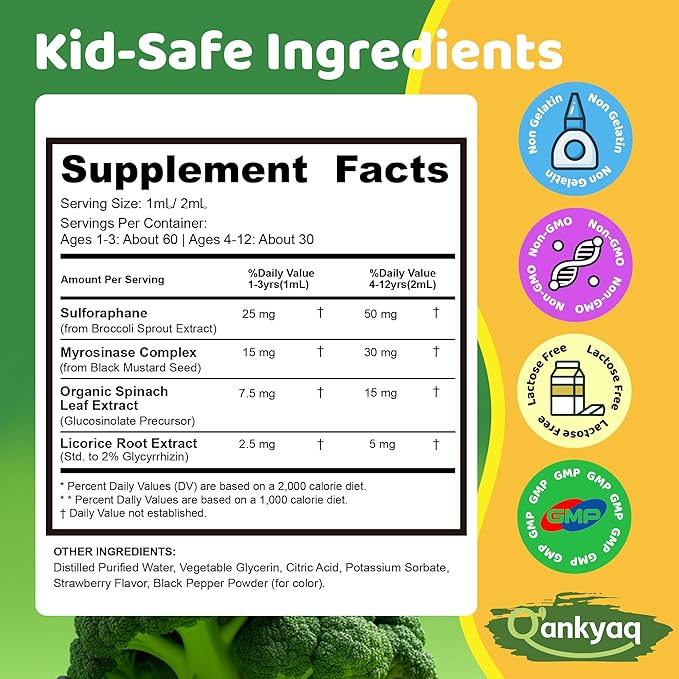 Kids Sulforaphane Supplement Broccoli Sprout Extract Liquid Kids Appetite Booster ( ages 1+) &amp Vegetable Nutrition Gap in Picky Eaters Veggie Supplements with Strawberry Flavor - No Sugar Veg