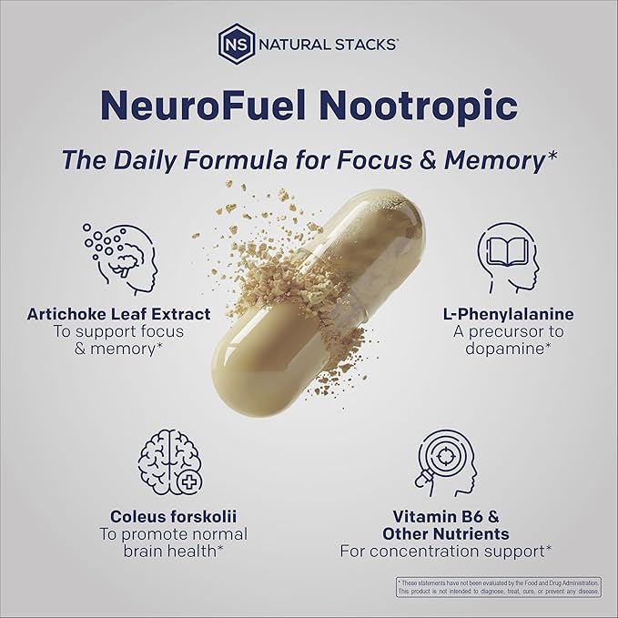 NATURAL STACKS Original NeuroFuel Nootropic Brain Support Supplement - 750mg L-Carnitine &amp 500mg L-Phenylalanine - Brain Supplement for Memory and Focus* - 75 Focus Pills