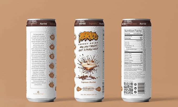 Perico Energy Drink Expresso Martini Flavor 12 PACK Natural Energy Beverage Can Sparkling Sugar-Free With Essential Amino AcidsCarnipure® L-carnitineBiotin 200mg Organic Caffeine