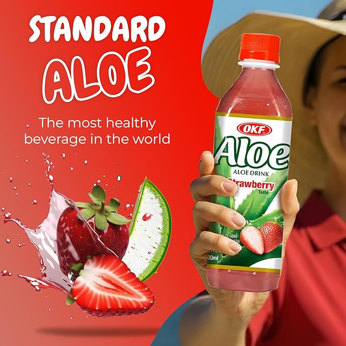 OKF Aloe Vera Drink Juice with Pure Aloe Pulp Variety 16.9 oz. (Strawberry Pack of 20) Plant Based Drink Korean drinks