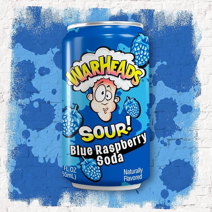 Sour Fruity Soda with Classic Warheads Flavors – Perfectly Balanced Sweet and Sour Soda - Warheads Candy Throwback Treat Soda Cocktail Mixer Pack of 12 12oz Cans (Blue Raspberry)