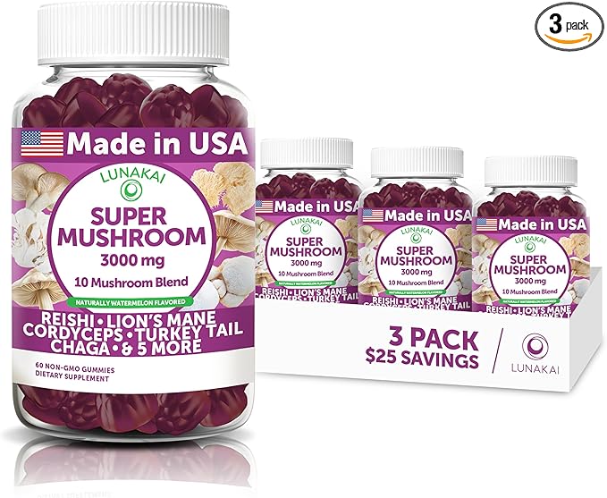 Lunakai USA Made Super Mushroom Gummies for Adults – 10-in-1 Adaptogenic Mushroom Supplement with Lion’s Mane – Daily Focus &amp Brain Support – 3 Pack
