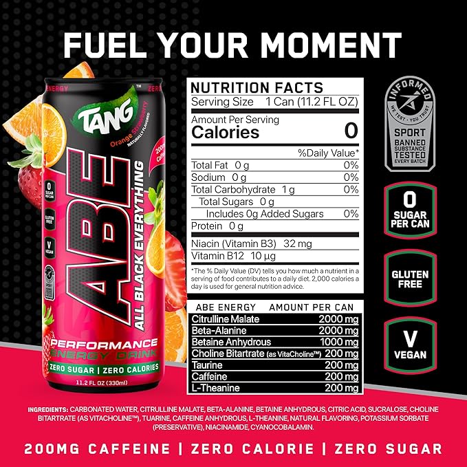 All Black Everything Performance Energy Drink | Zero Calories Sugar Free | 200mg Caffeine | Beta Alanine &amp Citrulline | Pre-Workout Sport Drink for Men &amp Women | Tang Orange Strawberry | 12 P