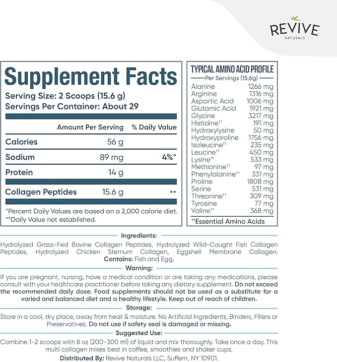 Revive Naturals Multi Collagen Hydrolyzed Protein Powder (16oz) - Types I II III V &amp X - Grass Fed Bovine Wild Caught Marine Free Roaming Chicken &amp Eggshell Collagen Peptides