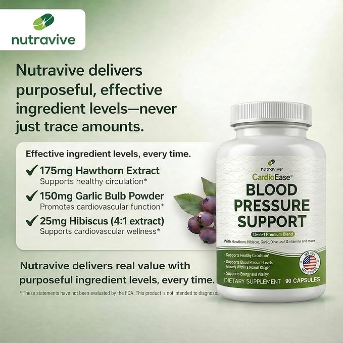 Nutravive 13-in-1 Heart Health Supplement – Supports Healthy Circulation &amp Blood Pressure Levels – with Hawthorn Garlic Olive Leaf Hibiscus B12 Juniper Green Tea and More |GMP|90 Capsules|