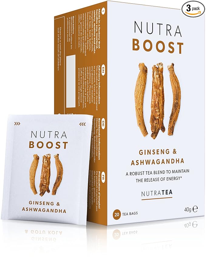 NUTRABOOST - Energy Tea | Focus Tea – Includes Astragalus Ashwagandha &amp Gotu Kola - Naturally Caffeine-Free and Sugar-Free - 60 Enveloped Tea Bags - by Nutra Tea - Herbal Tea - (3 Pack)