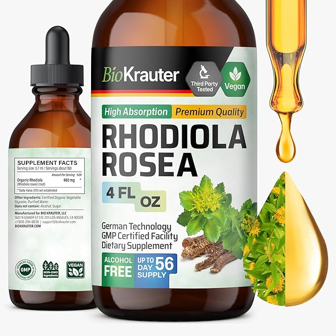 BIO KRAUTER® Rhodiola Rosea for Calm &amp Sleep Support - Vegan Rhodiola Rosea Supplement for Mood Support - Natural Calm Drops for Relaxation 4 Fl.Oz 56-Day Supply Alcohol &amp Sugar Free