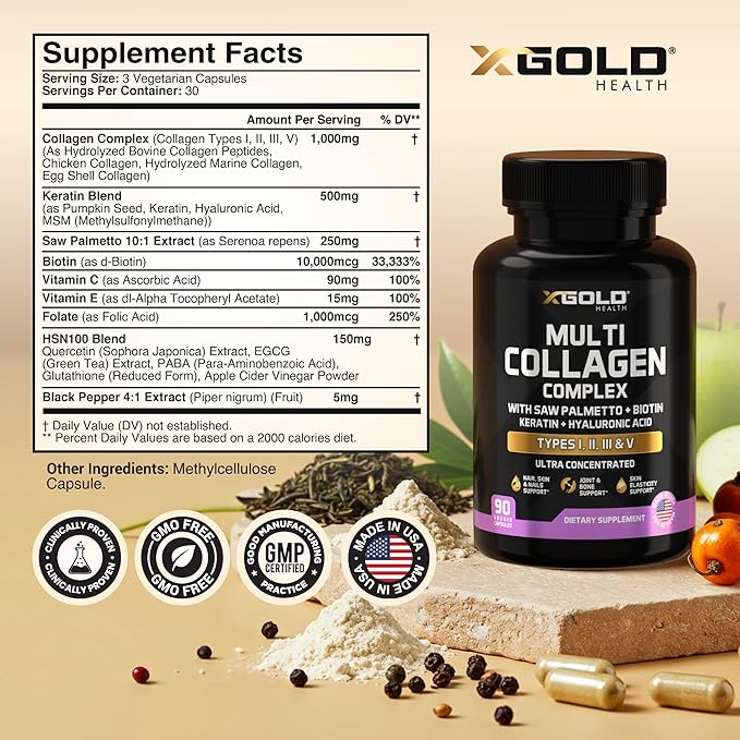 X Gold Health Collagen Complex Types I II III V Biotin 10000 mcg Keratin Hyaluronic Acid Saw Palmetto Vitamins C &amp E Advanced HSN Formula for Men &amp Women 90 Vegan Capsules