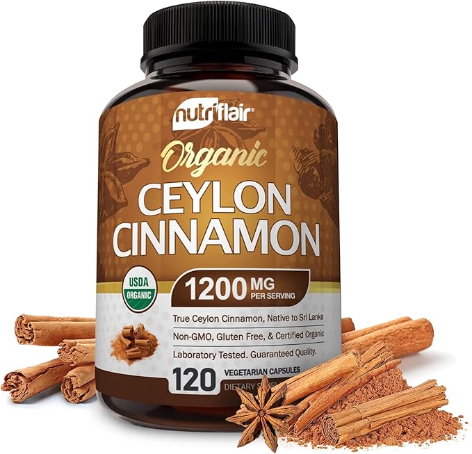 NutriFlair Organic Ceylon Cinnamon Supplement 1200mg 120 Capsules - USDA Certified - Non-GMO Gluten Free Powder Antioxidant Pills