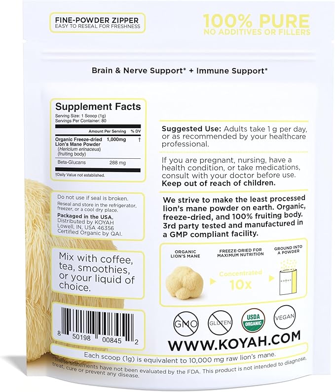 KOYAH - Organic Lion's Mane Mushroom Powder - 80 Servings - We Strive to Make The Least Processed Lion's Mane Powder On Earth. 100% Fruiting Body USA Freeze-Dried 3rd Party Tested for Beta-Glucans