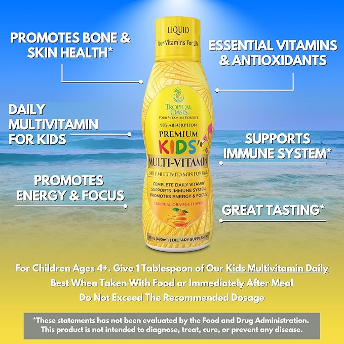 Premium Liquid Multivitamin For Kids | Sugar Free Kids Vitamins | 100% DV of 14 Vitamins for Kids | Multivitamin for Children Ages 4+ | Great Tasting Non-GMO Max 98% Absorption Rate- 16 oz 32 Serv