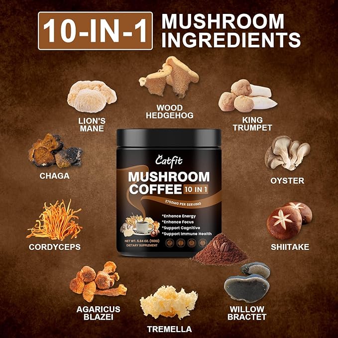 10 Mushroom Coffee Powder Mushroom Blend- Lion's Mane Chaga Cordyceps Brain Supplements with Arabica Coffee Ashwagandha L-Theanine for Energy Focus Memory and Immunity 5.65 Fl Oz