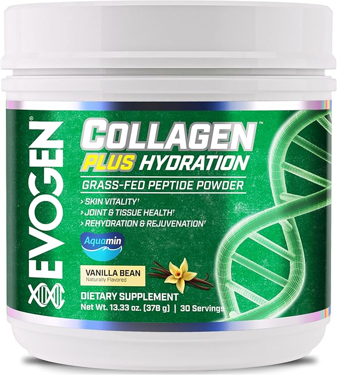 Evogen Collagen Plus Hydration - Grass-Fed Collagen for Women &amp Men | Collagen Peptides Powder | Collagen Powder Supporting Skin Vitality Hydration Joint &amp Tissue Health | Vanilla Bean | 30