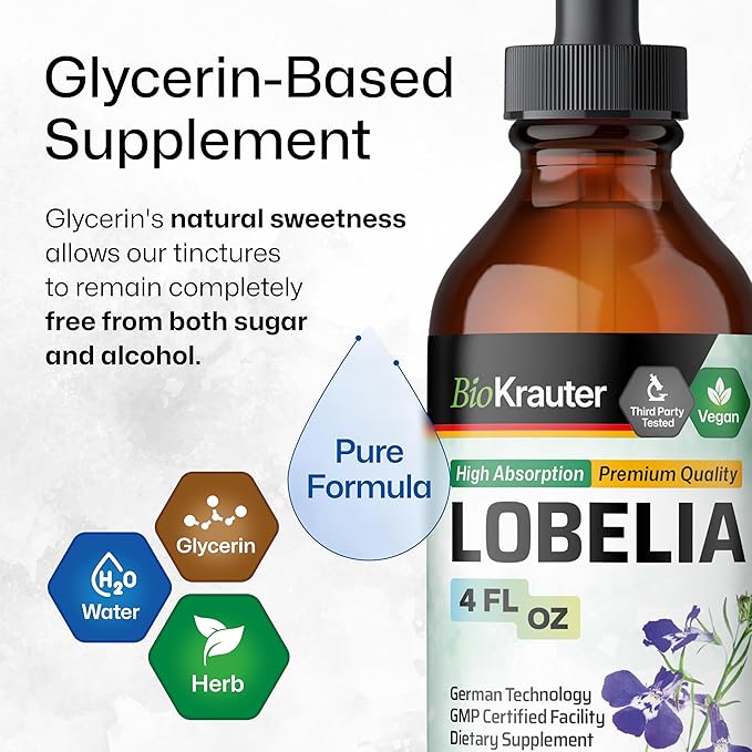 BIO KRAUTER Lobelia Tincture for Lung Cleanse &amp Detox - Pure Vegan Lobelia Herb Liquid Extract - 4 Fl.Oz 168 Days of Supply - Respiratory Support Supplement - Alcohol &amp Sugar Free Non-GMO