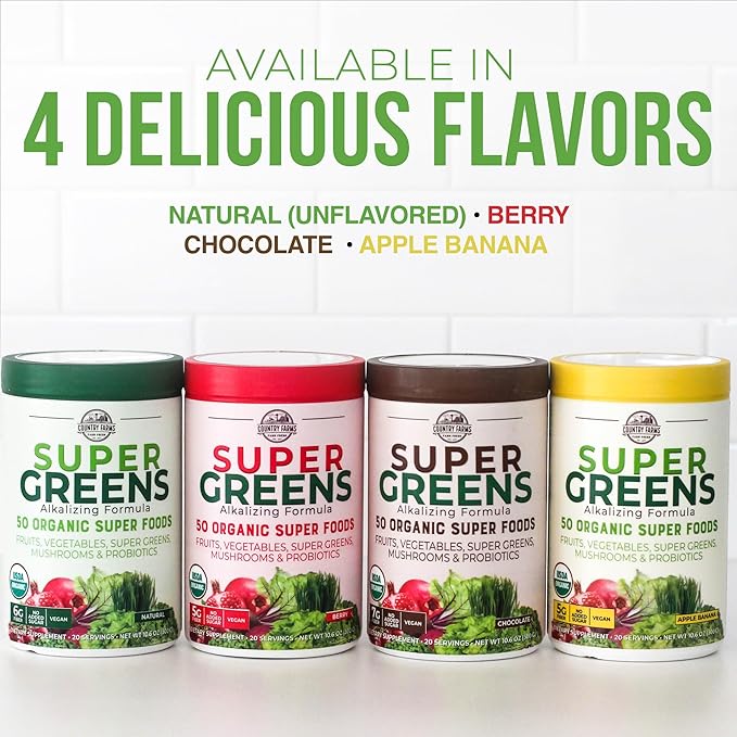 Country Farms Super Greens Berry Flavor 50 Organic Foods USDA Drink Mix Multicolor Multi 40 Servings 21 Oz 2 Pack