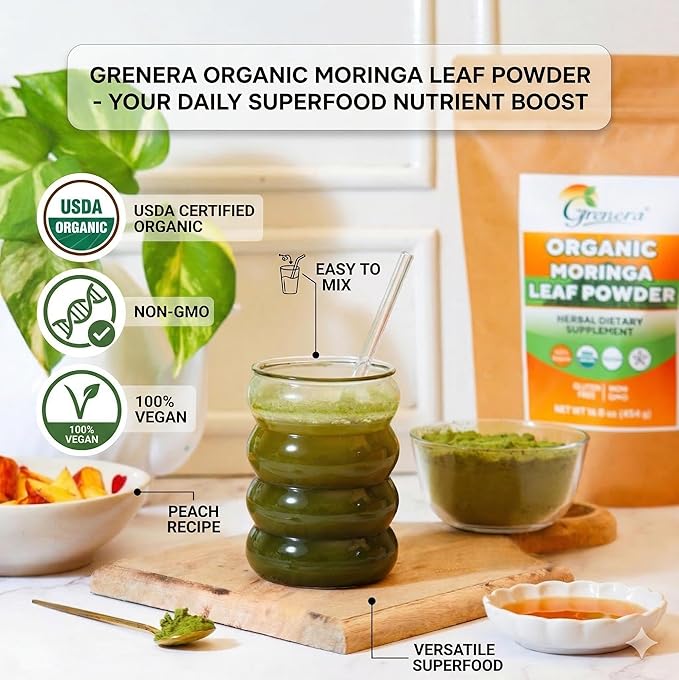 Grenera Organic Moringa Powder - 2.2 lbs (35.2 oz) | Moringa Oleifera Leaf Powder Lab Tested for Purity | Moringa Powder Organic Perfect for Smoothies Drinks Tea &amp Recipes | 100% Raw from India