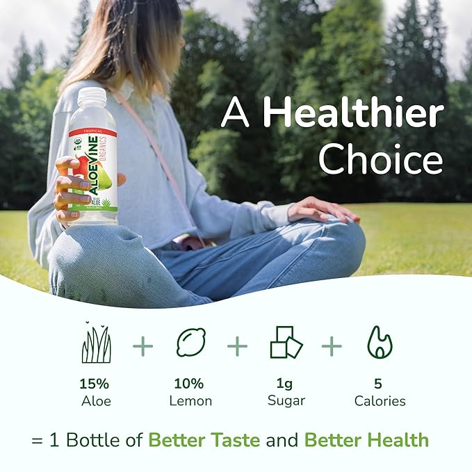 Aloevine Organics Organic Aloe Vera Drink No-Pulp With Aloe Powder &amp Lemon Juice 5 Calories Low Sugar No Artificial Ingredients 16.9 oz 12 Pack Tropical