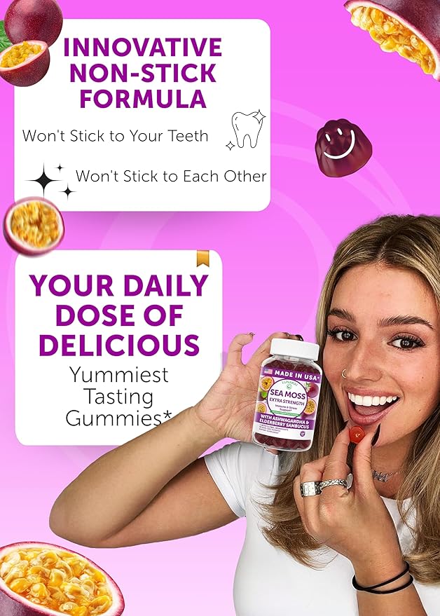 Lunakai USA Made Irish Sea Moss Gummies with Ashwagandha &amp Elderberry – Delicious Daily Immune &amp Stress Support Supplement for Men &amp Women 60ct