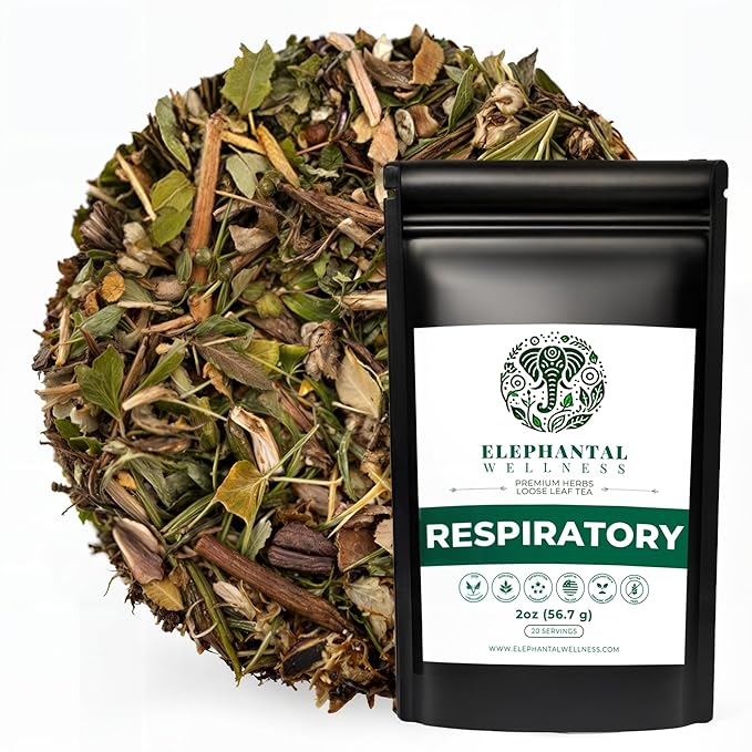 Elephantal Wellness Premium Respiratory Herbal Tea | Lung Detox Mucus Cleanse &amp Breathing Support with Mullein Eucalyptus Thyme &amp Lungwort | Handmade Caffeine-Free Non-GMO Loose Leaf Blen