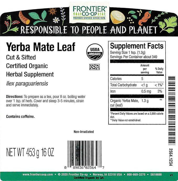 Frontier Herb Bulk Yerba Mate Leaf Organic Cut and Sifted 1 Pound