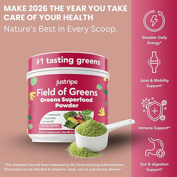 Field of Greens - Greens Powder Organic Daily Super Greens Powder Drink with Moringa Spirulina Wheat Grass Barley Grass Lemon Beet Root for Daily Nutrition - 28 Scoops (Mixed Berry Flavor)