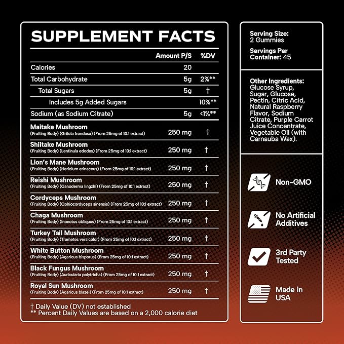 Effective Nutra Mushroom Gummies 2500mg - 10in1 Lion’s Mane Reishi Chaga Cordyceps &amp More - Focus Clarity Memory Immunity Energy - Natural Raspberry Flavor Vegan Made in USA (90 Count)