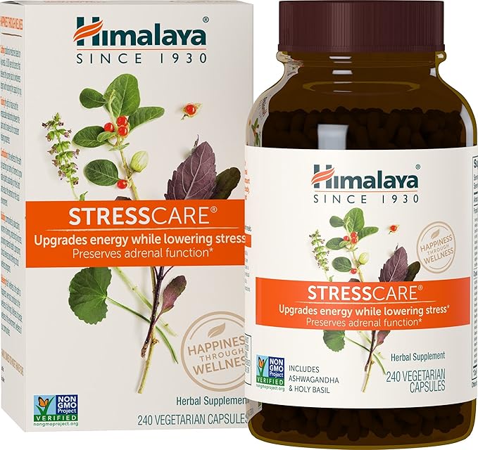 Himalaya StressCare Herbal Supplement Supports Stress Relief Energy Support Relaxation Occasional Sleeplessness Ashwagandha Holy Basil/Tulsi Gotu Kola Non-GMO Vegetarian 240 Capsules