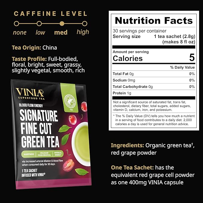 VINIA Signature Green Tea Bags Made with Organic Green Tea Infused with Piceid Resveratrol for Heart Health Nitric Oxide Physical Energy Alertness Blood Flow Keto Kosher NON-GMO. 30 Ct