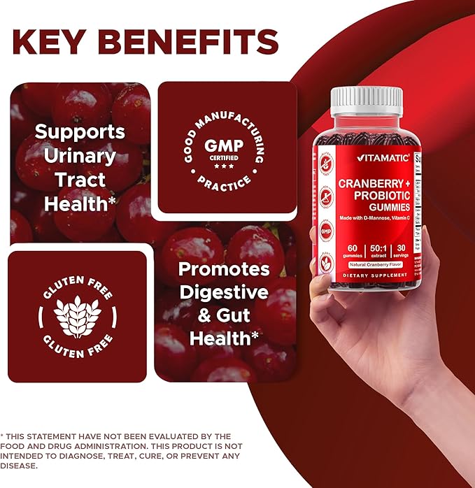 Vitamatic 2 Pack Cranberry Gummies with D-Mannose Probiotics Vitamin C – Plant-Based Botanical Extract – Vegan Non-GMO – 60 Count