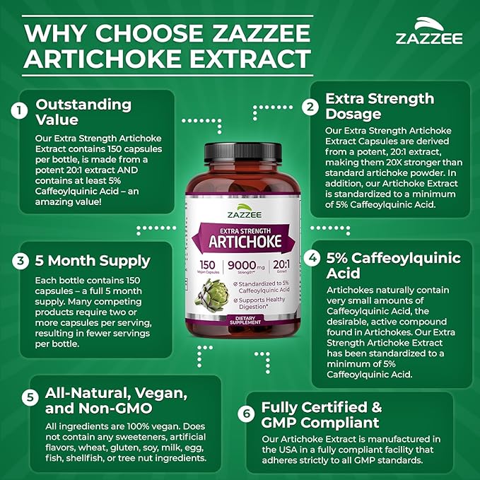 Zazzee Extra Strength Artichoke 20:1 Extract 5% Caffeoylquinic Acid 150 Vegan Capsules 5 Month Supply Cynara Scolymus Digestive &amp Liver Detox Support Herbal Supplement Non-GMO Made in the