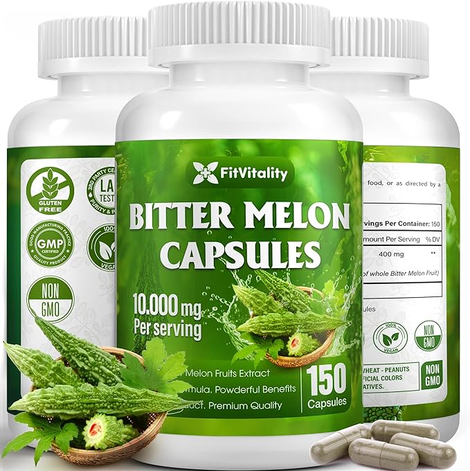 Bitter Melon Capsules| 150 Vegan Capsules| 150 Days Supply| 9000mg per Serving| Bitter Melon Fruit 25:1 Extract| 100% Pure &amp Natural| Gluten-Free Supplement| Ultimate Concentrated