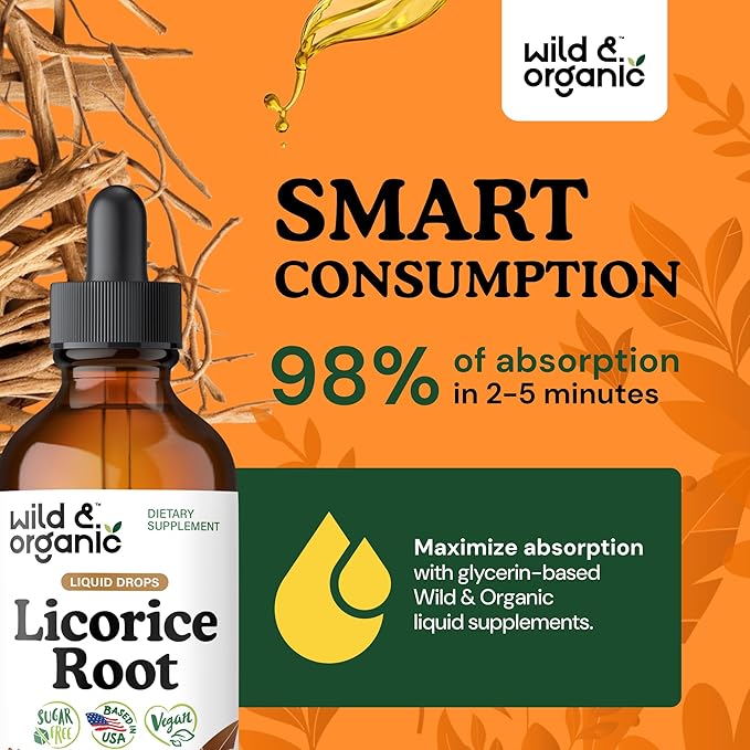 Wild &amp Organic Licorice Root Tincture - Digestive Lung &amp Skin Support - Licorice Root Extract Liquid Drops - Vegan Sugar &amp Alcohol-Free Supplement - 4 fl oz