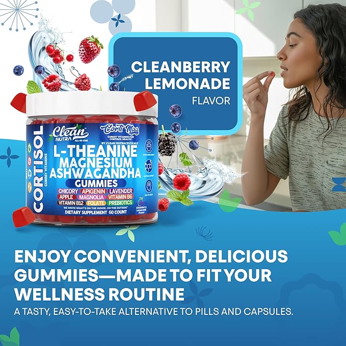 Clean Nutra Cortisol Supplement Gummies L-Theanine Magnesium Ashwagandha Apigenin Vitamin B6 Sleep and Calm Support Lavender Chicory Prebiotic Advanced Gummy Formula
