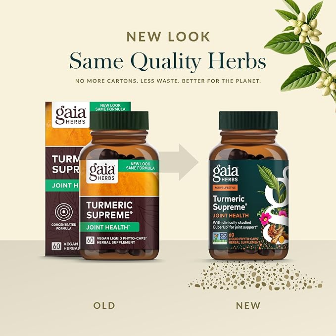 Gaia Herbs Turmeric Supreme Joint Health - Joint Support Supplement with Quercetin Black Pepper Boswellia Ginger Root Curcuminoids &amp More* - 60 Liquid Phyto-Caps (30 Servings)